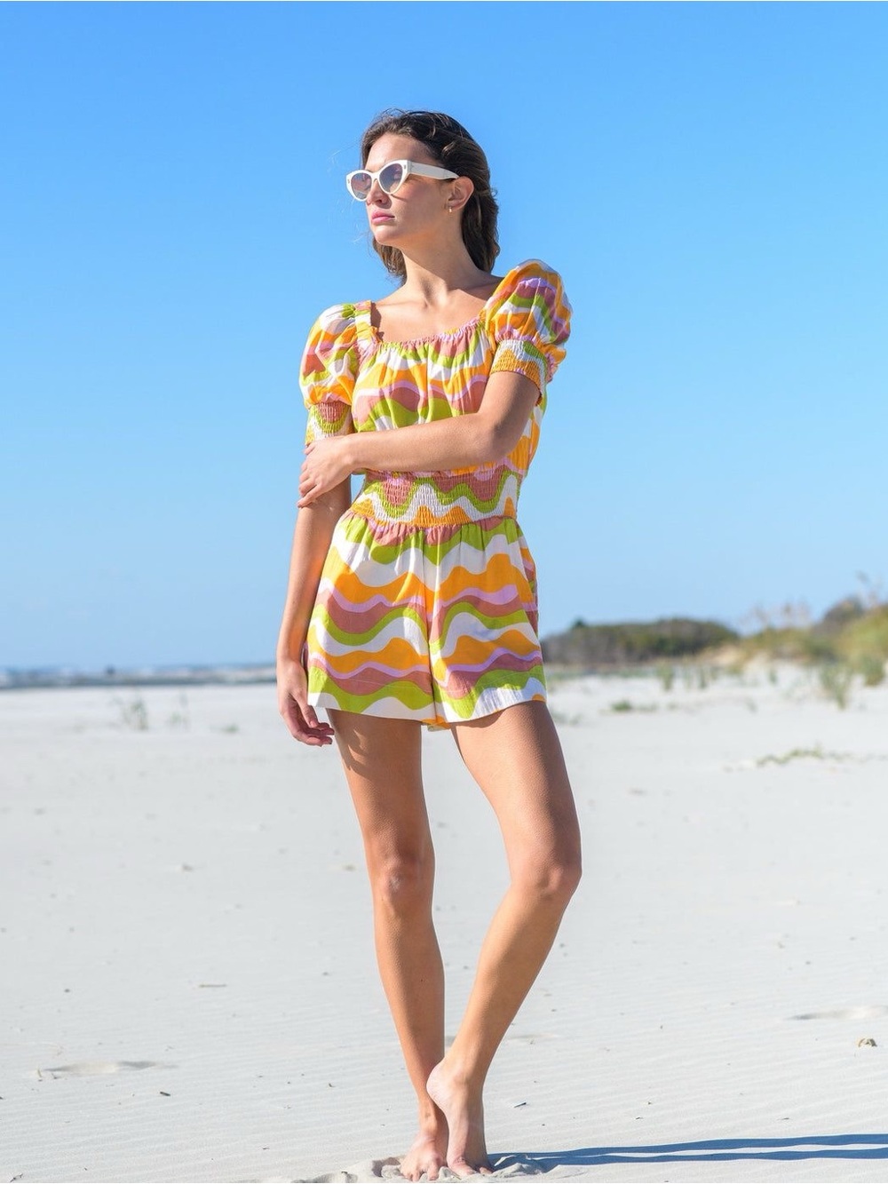 Elizabeth James Birdie Romper Tidal Retro Wave Smocked Puff Sleeve NWT XL